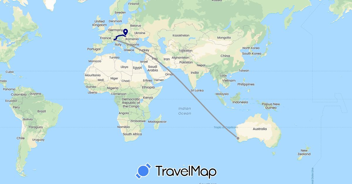 TravelMap itinerary: driving, plane in United Arab Emirates, Austria, Australia, Hungary, Italy, Slovakia (Asia, Europe, Oceania)